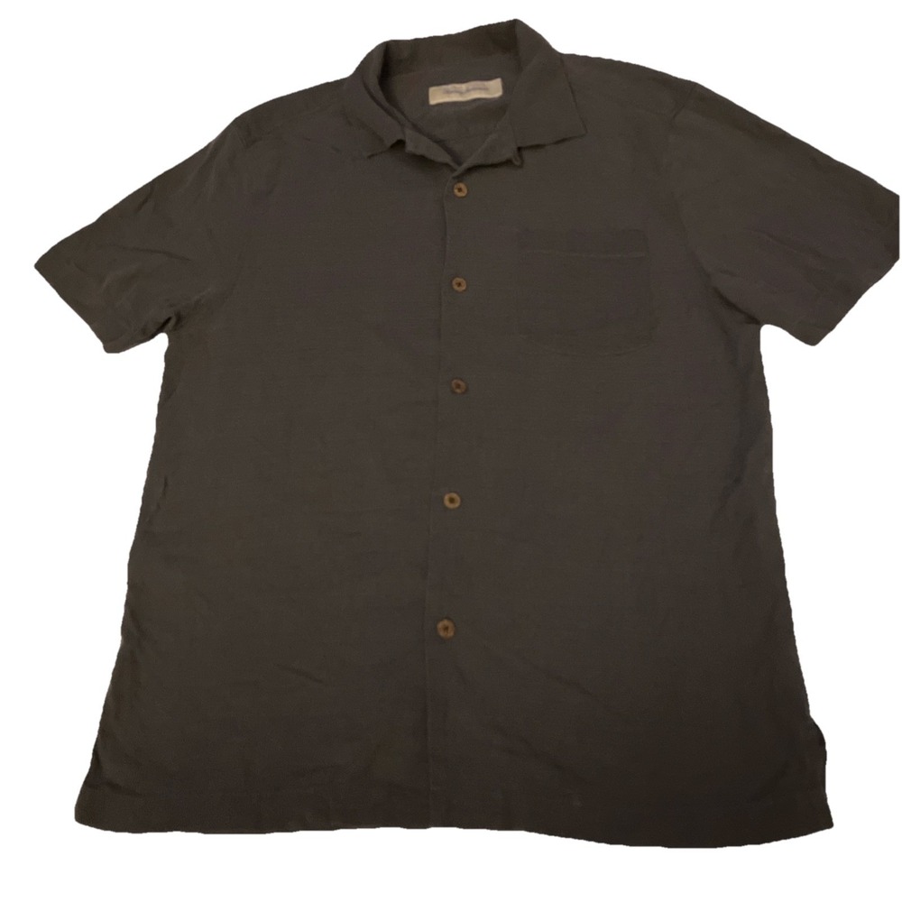 Tommy Bahama Shirt Hawaiian 100% Silk Button Up Short Sleeve Gray‎ Mens Medium